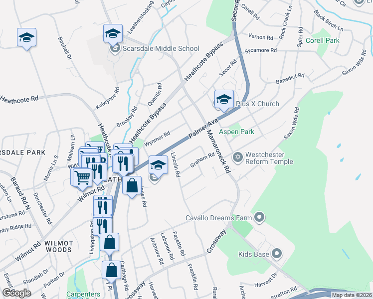 map of restaurants, bars, coffee shops, grocery stores, and more near 25 Lawrence Road in Scarsdale