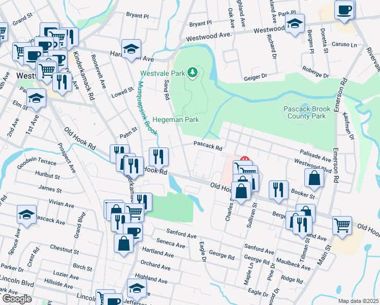 map of restaurants, bars, coffee shops, grocery stores, and more near 38 Sand Road in Westwood