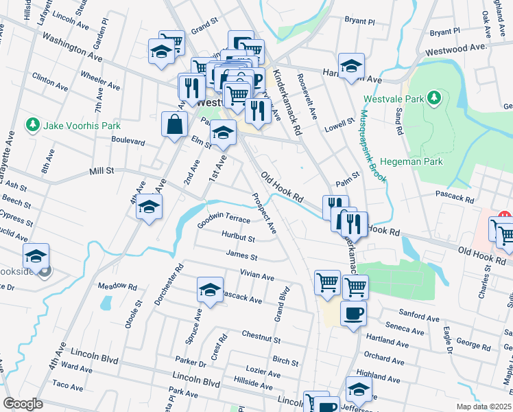 map of restaurants, bars, coffee shops, grocery stores, and more near 20 Goodwin Terrace in Westwood
