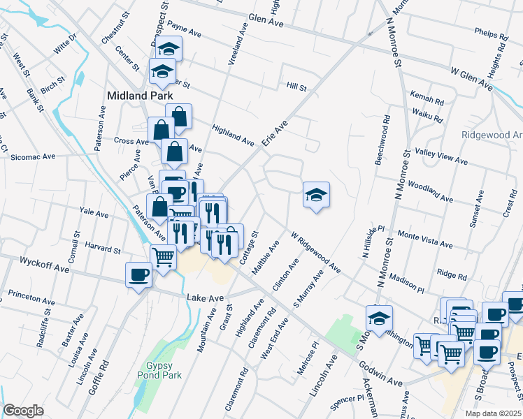 map of restaurants, bars, coffee shops, grocery stores, and more near 117 Cottage Street in Midland Park