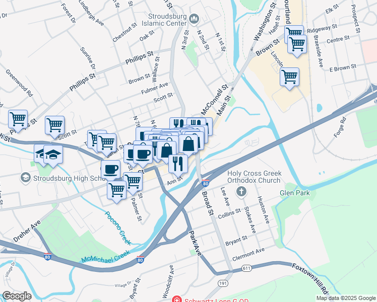 map of restaurants, bars, coffee shops, grocery stores, and more near 554 U.S. 209 Business in Stroudsburg