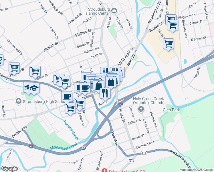 map of restaurants, bars, coffee shops, grocery stores, and more near 554 U.S. 209 Business in Stroudsburg