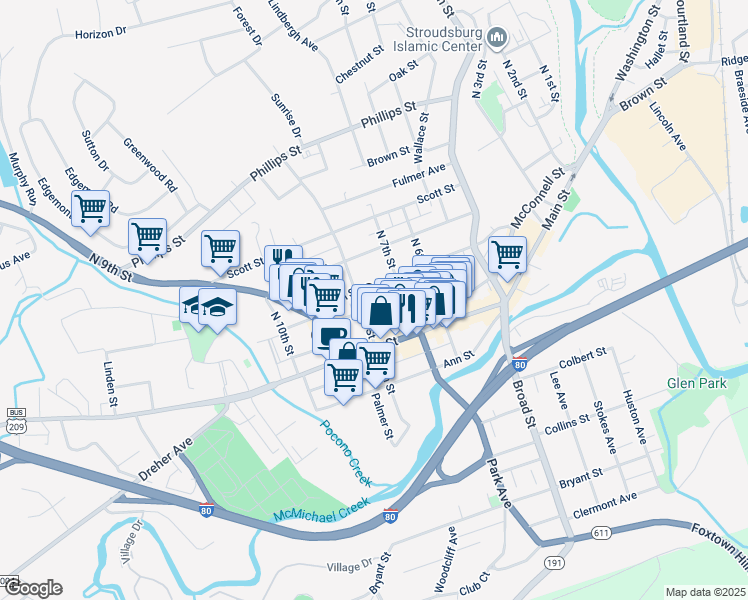 map of restaurants, bars, coffee shops, grocery stores, and more near 22 North 8th Street in Stroudsburg