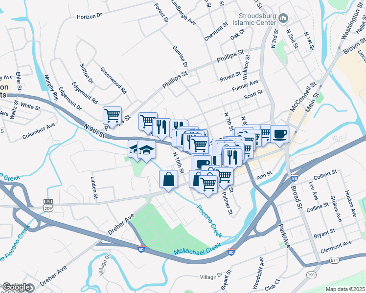 map of restaurants, bars, coffee shops, grocery stores, and more near 119 North 9th Street in Stroudsburg