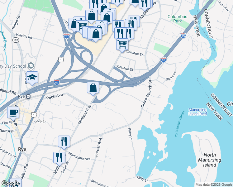 map of restaurants, bars, coffee shops, grocery stores, and more near 425 Grace Church Street in Rye