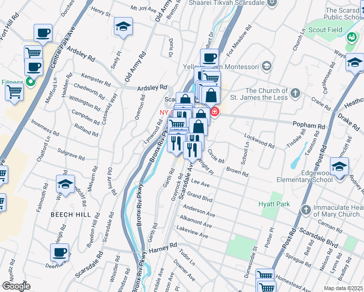 map of restaurants, bars, coffee shops, grocery stores, and more near in Eastchester