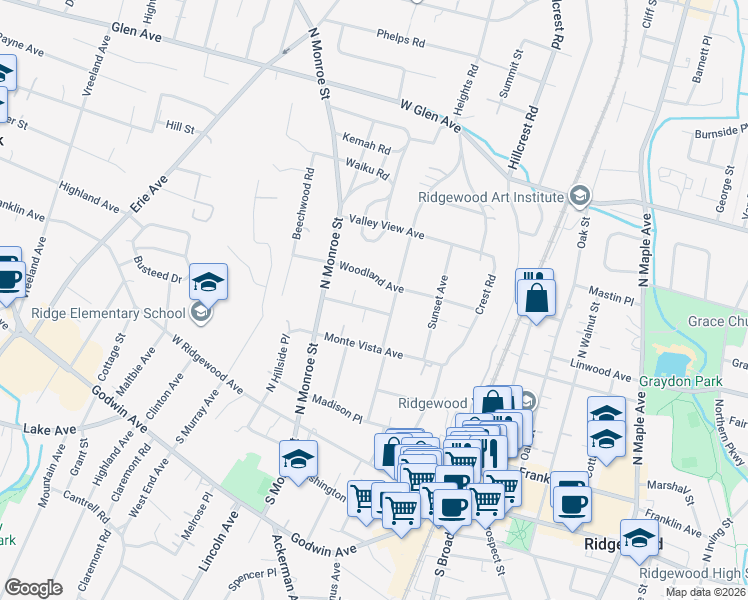 map of restaurants, bars, coffee shops, grocery stores, and more near 110 Sheridan Terrace in Ridgewood