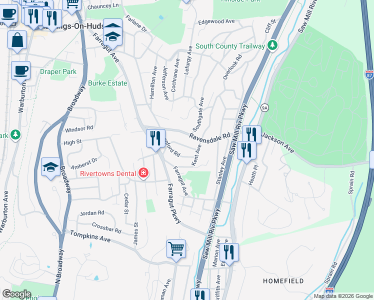 map of restaurants, bars, coffee shops, grocery stores, and more near 91 Kent Avenue in Hastings-on-Hudson