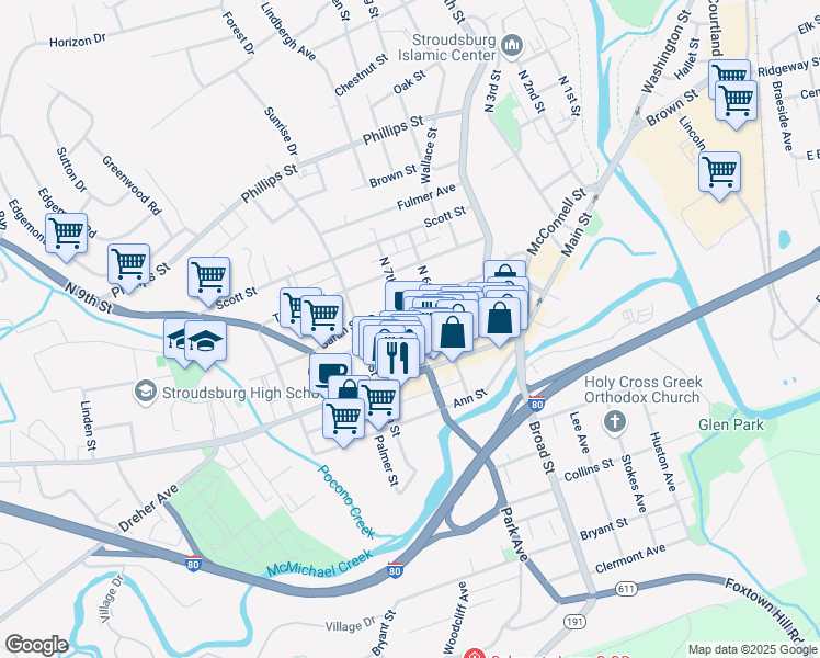map of restaurants, bars, coffee shops, grocery stores, and more near 33 North 7th Street in Stroudsburg