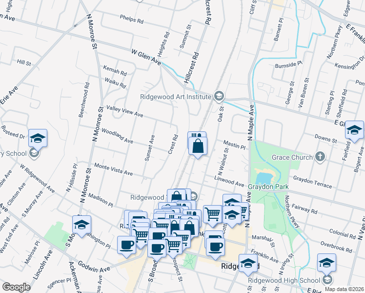 map of restaurants, bars, coffee shops, grocery stores, and more near 220 Hillcrest Road in Ridgewood