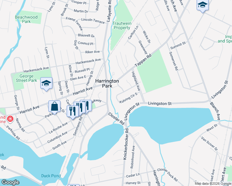 map of restaurants, bars, coffee shops, grocery stores, and more near 86 Kohring Circle North in Harrington Park