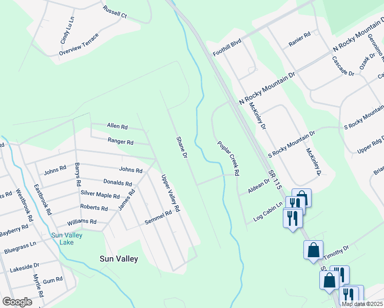 map of restaurants, bars, coffee shops, grocery stores, and more near 588 Shane Drive in Effort