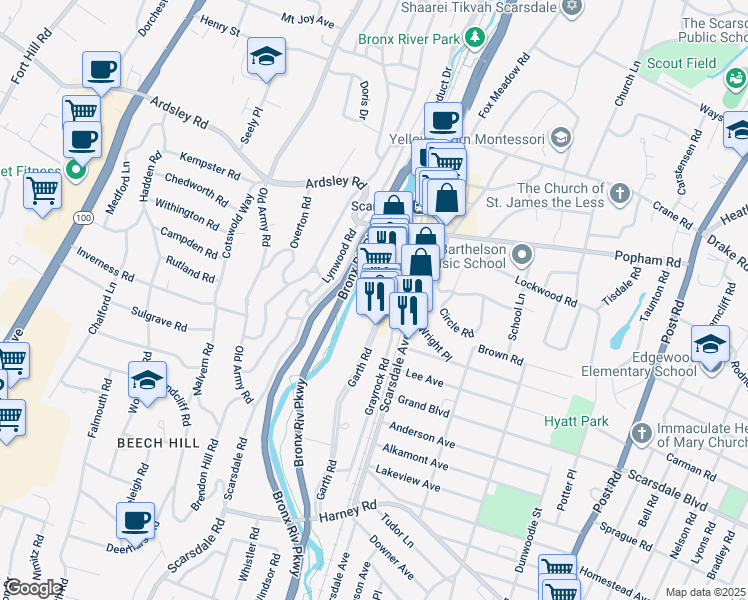 map of restaurants, bars, coffee shops, grocery stores, and more near in Eastchester