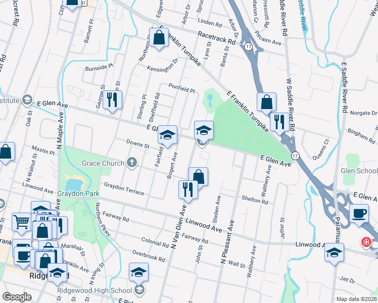 map of restaurants, bars, coffee shops, grocery stores, and more near 334 North Van Dien Avenue in Ridgewood