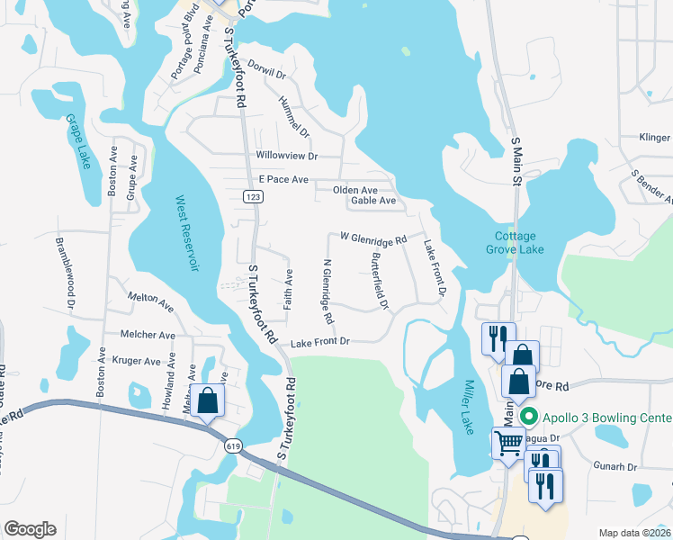 map of restaurants, bars, coffee shops, grocery stores, and more near 3834 North Glenridge Road in Akron