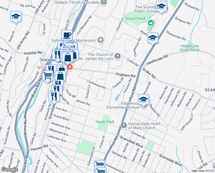 map of restaurants, bars, coffee shops, grocery stores, and more near 66 Lockwood Road in Scarsdale