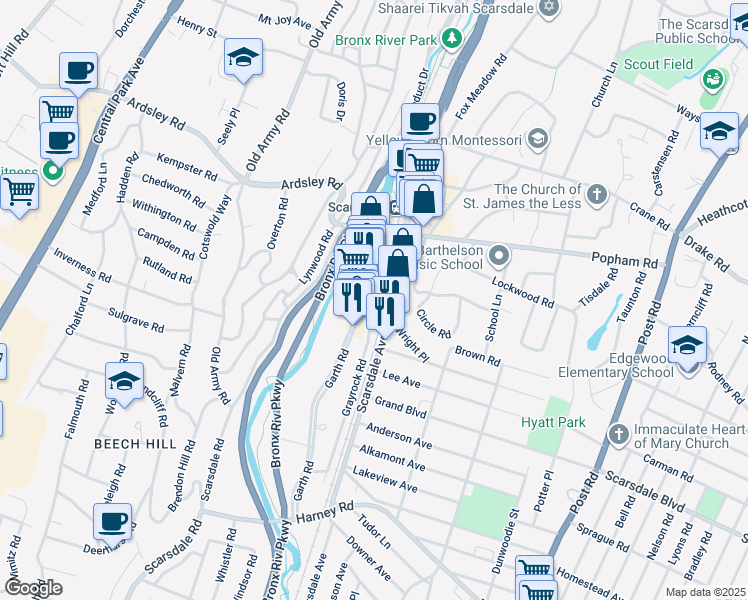 map of restaurants, bars, coffee shops, grocery stores, and more near in Eastchester