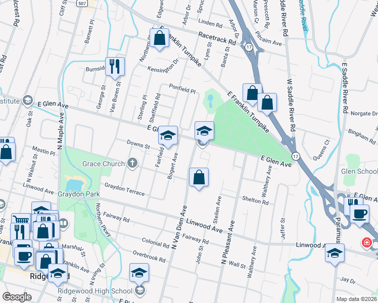 map of restaurants, bars, coffee shops, grocery stores, and more near 334 North Van Dien Avenue in Ridgewood