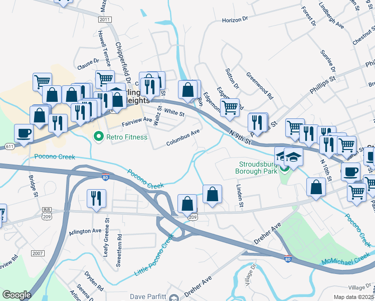 map of restaurants, bars, coffee shops, grocery stores, and more near 823 Park Street in Stroudsburg