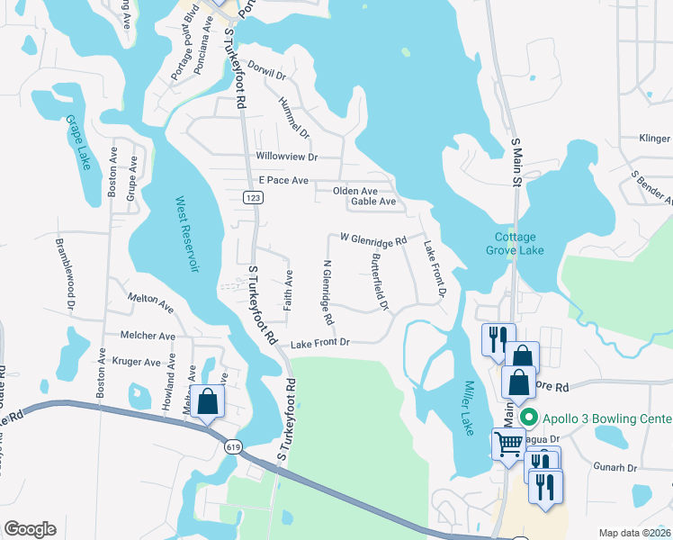 map of restaurants, bars, coffee shops, grocery stores, and more near 3834 North Glenridge Road in Akron