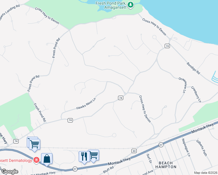 map of restaurants, bars, coffee shops, grocery stores, and more near 21 Canvasback Lane in Amagansett