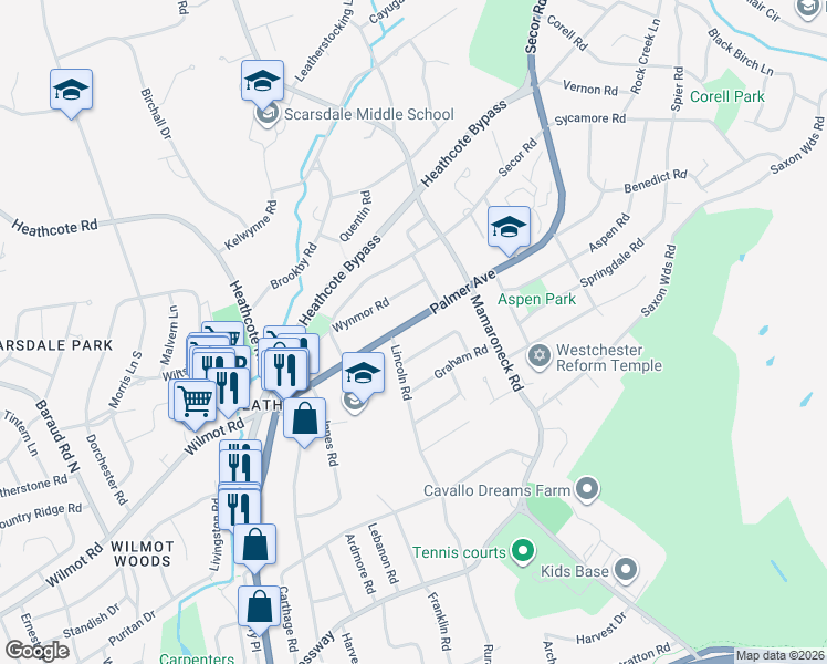map of restaurants, bars, coffee shops, grocery stores, and more near 25 Lawrence Road in Scarsdale