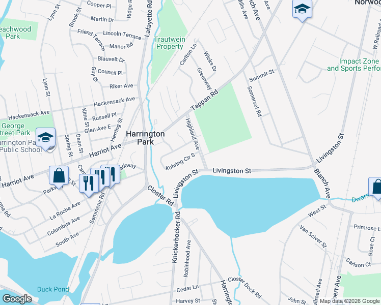 map of restaurants, bars, coffee shops, grocery stores, and more near 20 Kohring Circle South in Harrington Park