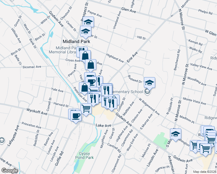map of restaurants, bars, coffee shops, grocery stores, and more near 1 Colonial Drive in Midland Park