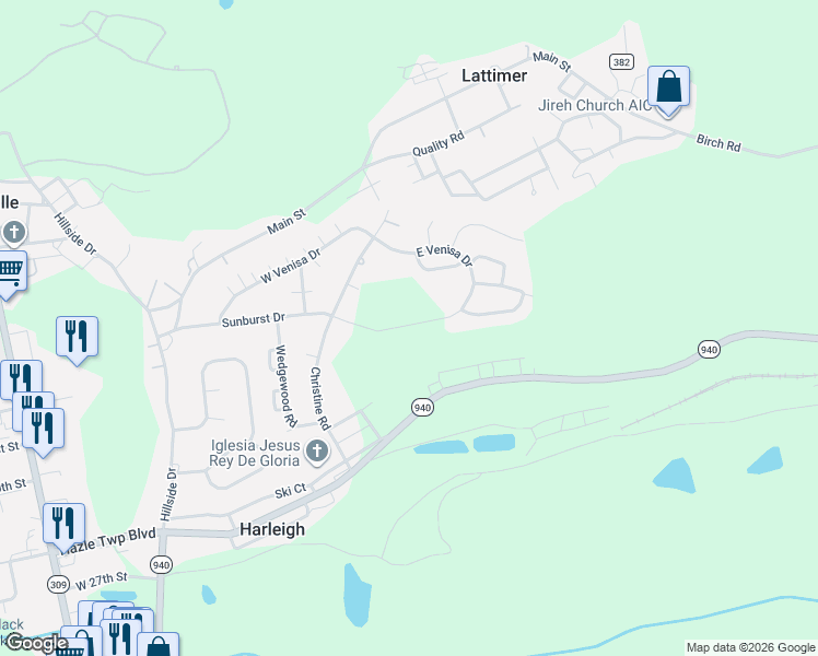 map of restaurants, bars, coffee shops, grocery stores, and more near 193 East Venisa Drive in Hazleton
