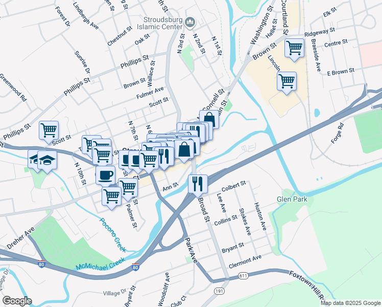 map of restaurants, bars, coffee shops, grocery stores, and more near 500 Main Street in Stroudsburg