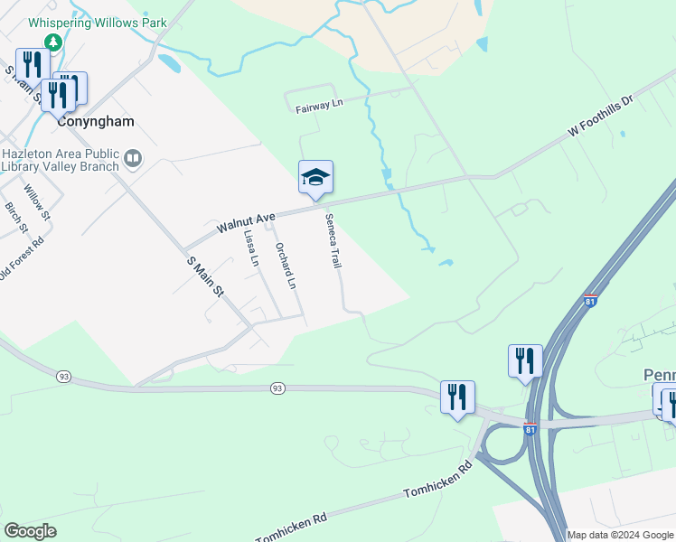 map of restaurants, bars, coffee shops, grocery stores, and more near Seneca Trail in Luzerne County