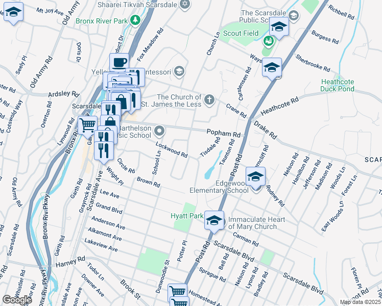 map of restaurants, bars, coffee shops, grocery stores, and more near 66 Lockwood Road in Scarsdale