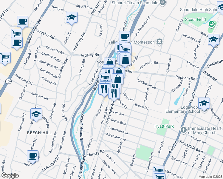 map of restaurants, bars, coffee shops, grocery stores, and more near in Eastchester