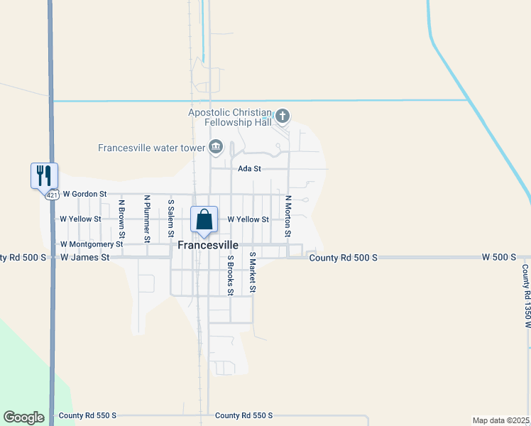map of restaurants, bars, coffee shops, grocery stores, and more near 126 North Harrison Street in Francesville