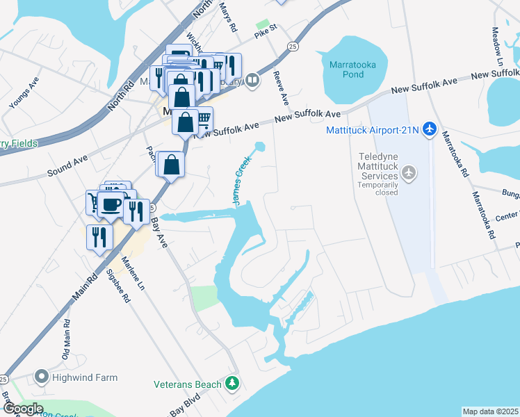 map of restaurants, bars, coffee shops, grocery stores, and more near 1700 Ole Jule Lane in Mattituck