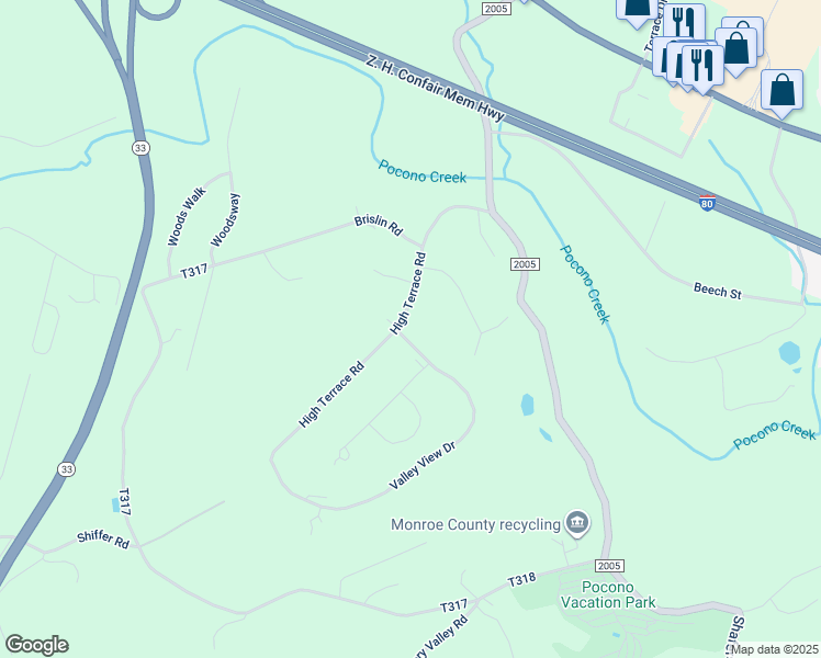 map of restaurants, bars, coffee shops, grocery stores, and more near 5079 High Terrace Road in Stroudsburg