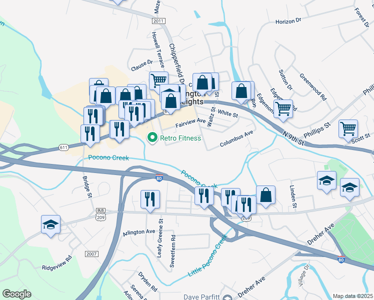 map of restaurants, bars, coffee shops, grocery stores, and more near 1041 Fritz Avenue in Stroudsburg
