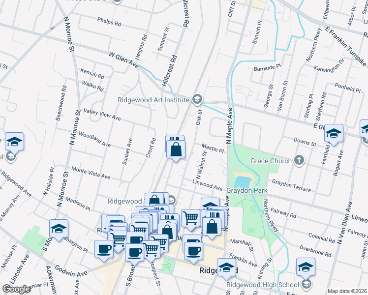 map of restaurants, bars, coffee shops, grocery stores, and more near 236 Oak Street in Ridgewood