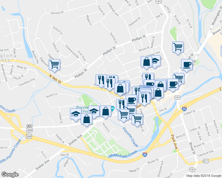 map of restaurants, bars, coffee shops, grocery stores, and more near 851 Thomas Street in Stroudsburg