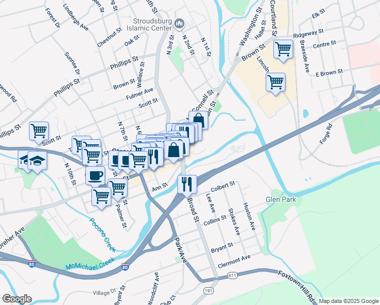 map of restaurants, bars, coffee shops, grocery stores, and more near 507 Main Street in Stroudsburg