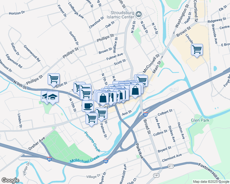 map of restaurants, bars, coffee shops, grocery stores, and more near 636 U.S. 209 Business in Stroudsburg