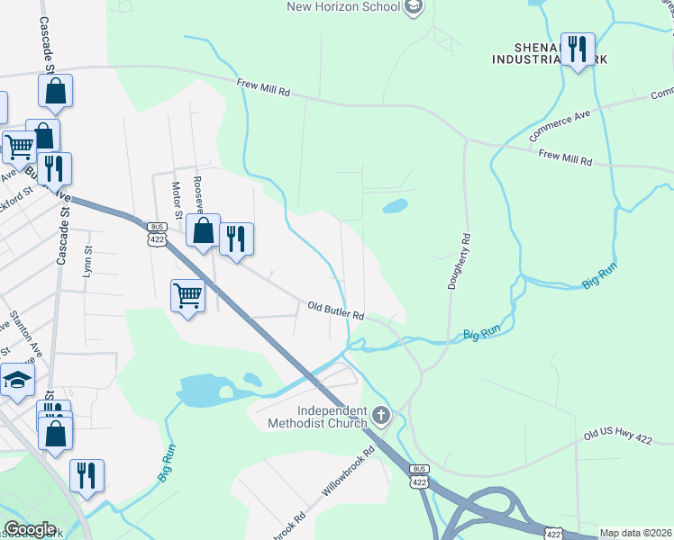 map of restaurants, bars, coffee shops, grocery stores, and more near 1608 Cloverdell Drive in New Castle