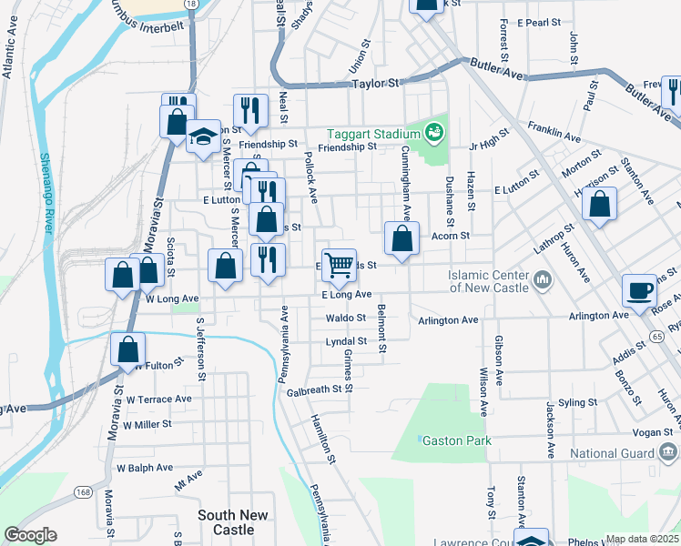 map of restaurants, bars, coffee shops, grocery stores, and more near 437 East Long Avenue in New Castle