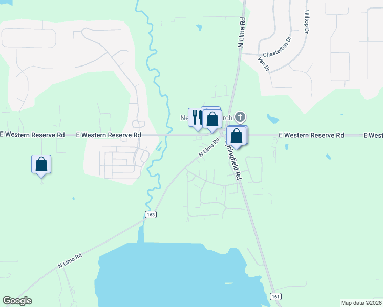 map of restaurants, bars, coffee shops, grocery stores, and more near 9120 North Lima Road in Youngstown
