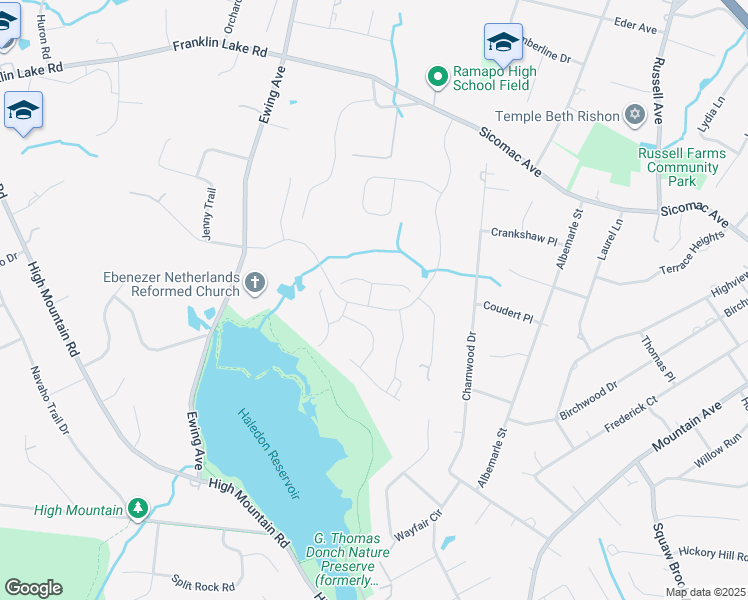 map of restaurants, bars, coffee shops, grocery stores, and more near 2 Rising Trail Lane in Franklin Lakes
