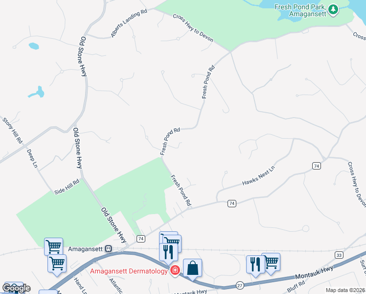 map of restaurants, bars, coffee shops, grocery stores, and more near 68 Fresh Pond Road in Amagansett