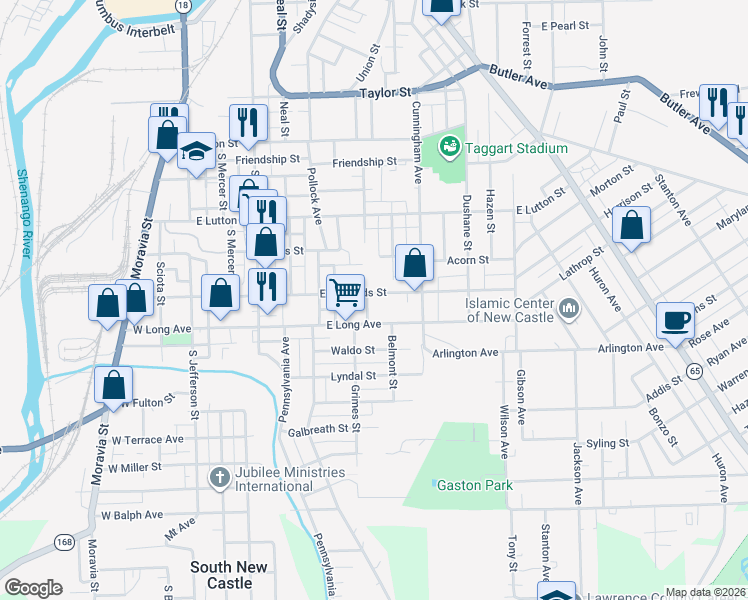 map of restaurants, bars, coffee shops, grocery stores, and more near 504 East Reynolds Street in New Castle