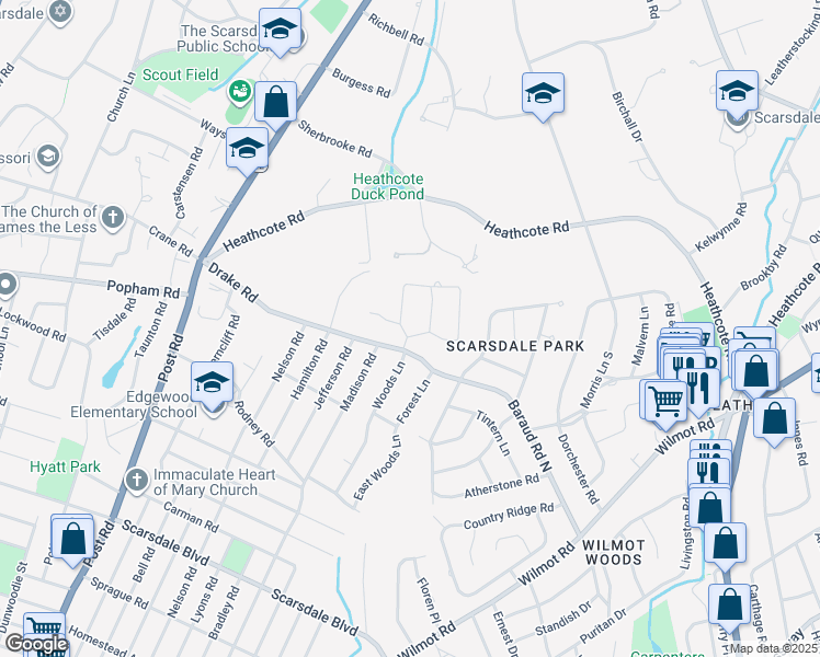 map of restaurants, bars, coffee shops, grocery stores, and more near 2 Dunham Road in Scarsdale