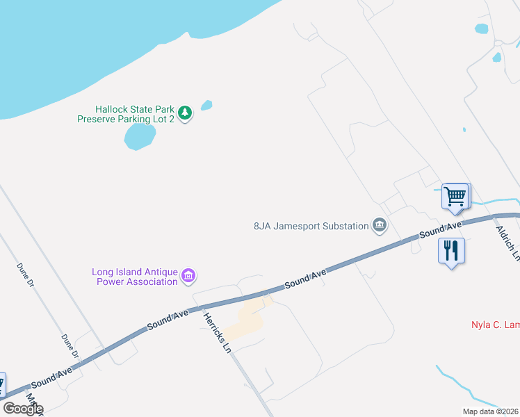 map of restaurants, bars, coffee shops, grocery stores, and more near 6094 Sound Avenue in Riverhead