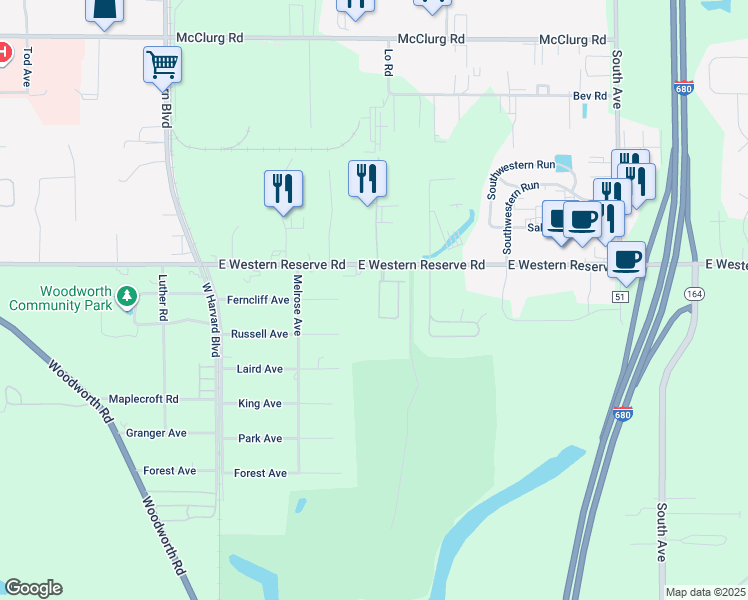 map of restaurants, bars, coffee shops, grocery stores, and more near 601 East Western Reserve Road in Poland